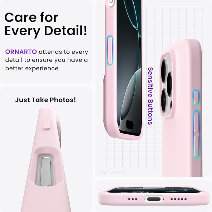 ORNARTO iPhone 16 Pro Case – Slim Liquid Silicone, Chalk Pink