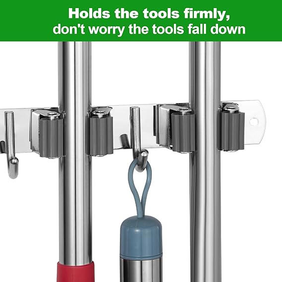 VOZE 5-Slot 4-Hook Wall Mount Mop & Broom Holder – Heavy Duty Organizer Rack