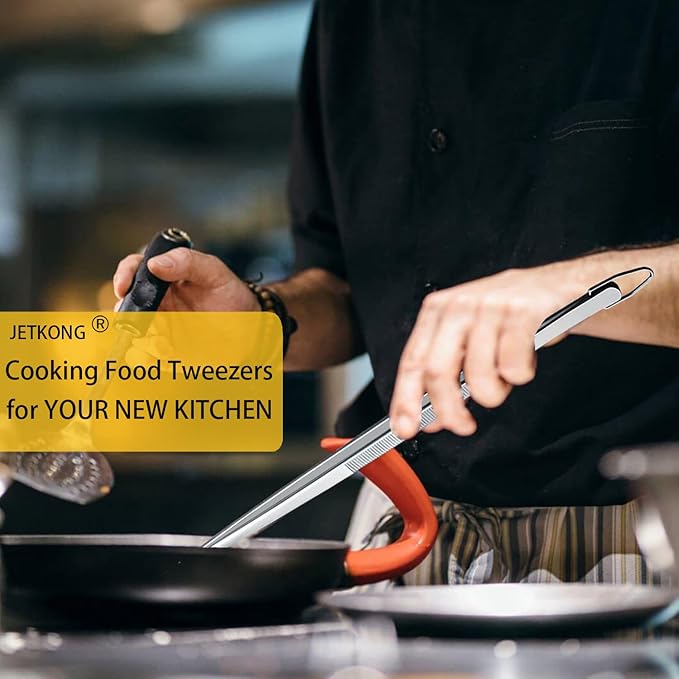 JETKONG 2-Pack 12" Stainless Steel Kitchen Tweezers – Extra-Long Cooking Tongs (Silver)