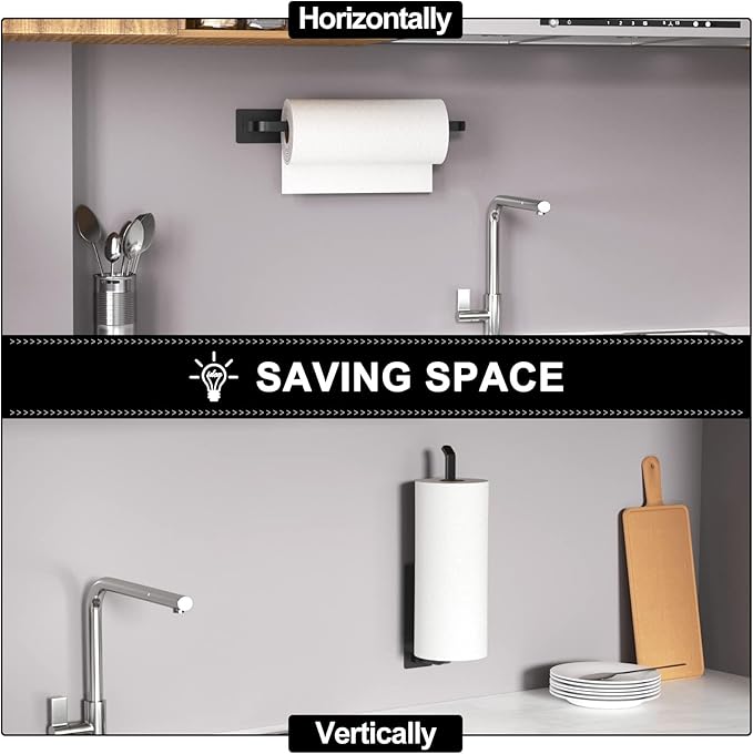 Matte Black Paper Towel Holder – Self-Adhesive or Drill, Aluminum Kitchen Roll Dispenser