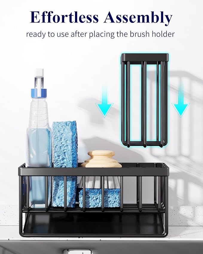 Kitsure Stainless Steel Kitchen Sink Sponge Holder Caddy with Brush Holder, Rustproof Black