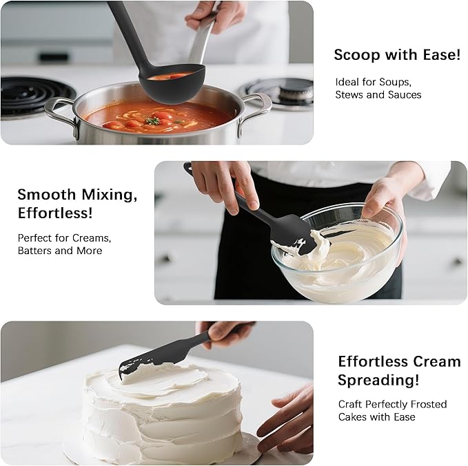 Coukre 14-Pc Silicone Kitchen Utensil Set with Holder – Heat-Resistant, Pure Black