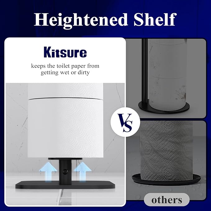 Kitsure Freestanding Toilet Paper Holder Stand – Rustproof Metal, 4-Roll Storage with Phone Shelf & Anti-Slip Base, Black