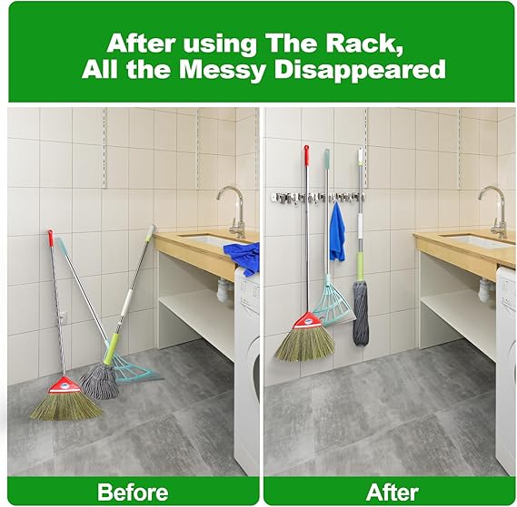 VOZE 5-Slot 4-Hook Wall Mount Mop & Broom Holder – Heavy Duty Organizer Rack