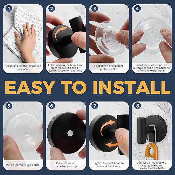 Heavy Duty Suction Cup Shower Hooks – Removable Metal Towel Hooks for Glass, Tile & Mirror, 4-Pack Black