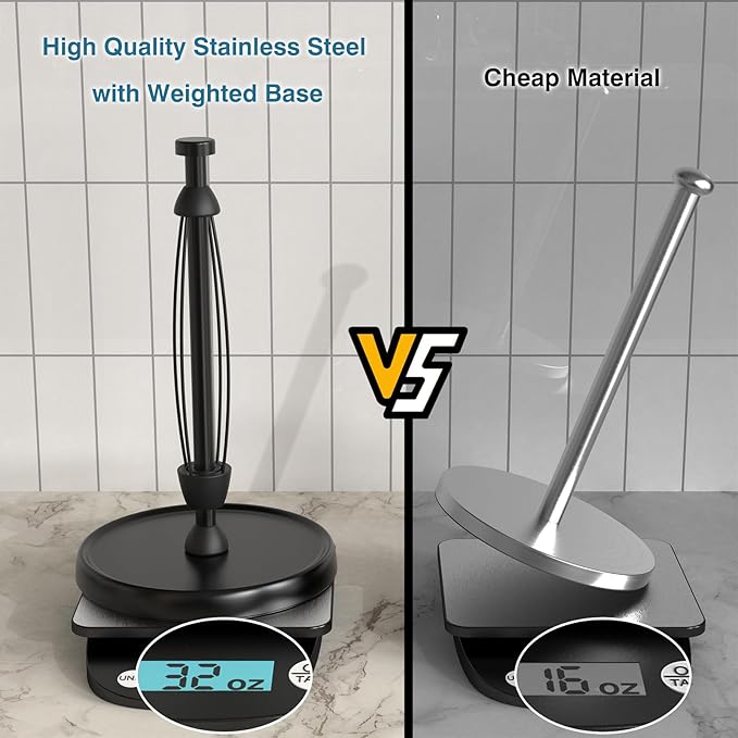 Stainless Steel Paper Towel Holder – One-Handed Tear with Weighted Base (Black)