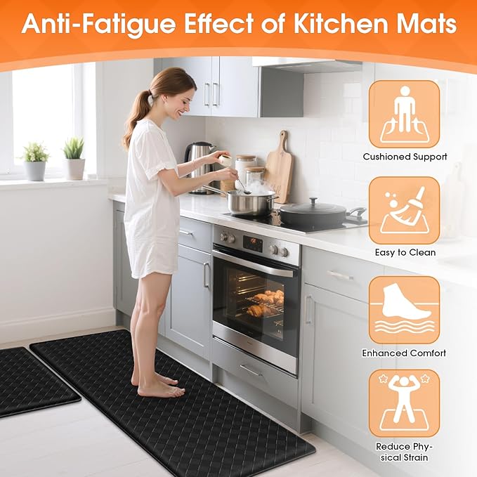 2PCS Cushioned Anti-Fatigue Kitchen Mats – Non-Slip Waterproof Floor Rugs (Black)