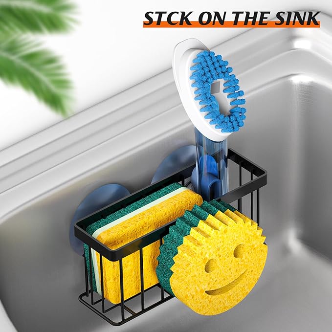 Smiley Face Sink Caddy – Black Sponge Holder with Suction Cups & Adhesive Mount
