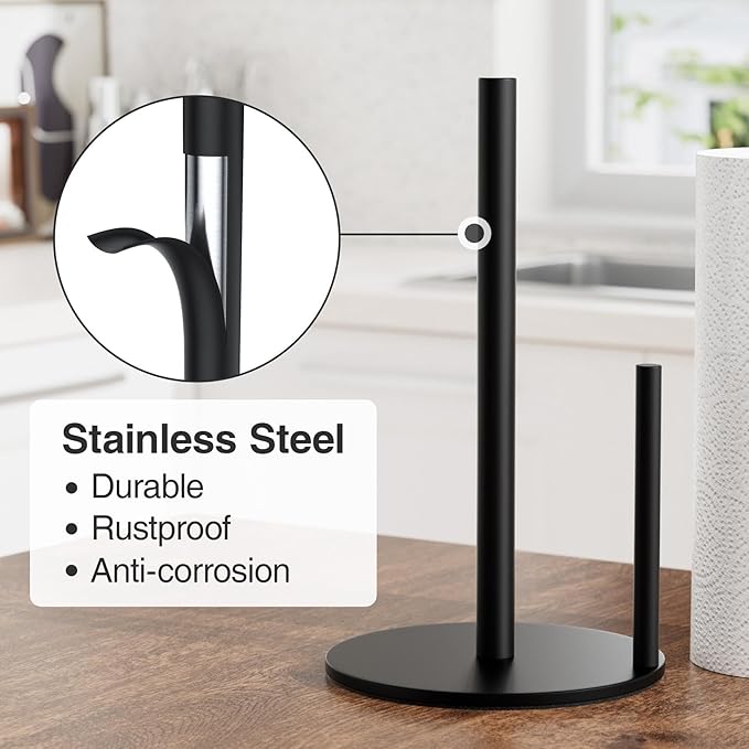Black Stainless Steel Paper Towel Holder – Countertop Roll Dispenser with Weighted Base