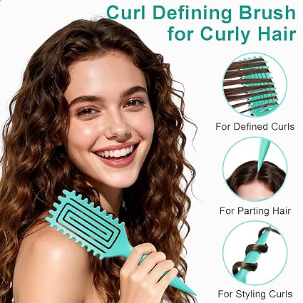 Curly Hair Brush with Soft Boar Bristles – Wide-Tooth Curl Defining & Detangling Brush (Green)