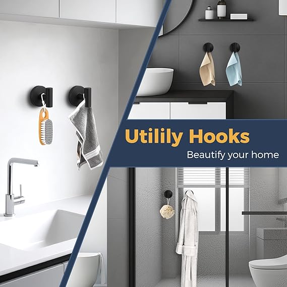 Heavy Duty Suction Cup Shower Hooks – Removable Metal Towel Hooks for Glass, Tile & Mirror, 4-Pack Black