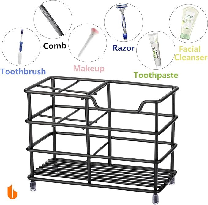 Urbanstrive 304 Stainless Steel Toothbrush & Toothpaste Holder Stand – Black Small Bathroom Organizer