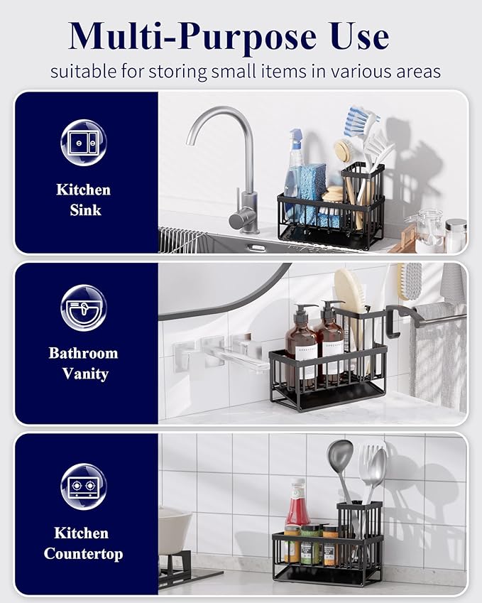 Kitsure Stainless Steel Kitchen Sink Sponge Holder Caddy with Brush Holder, Rustproof Black