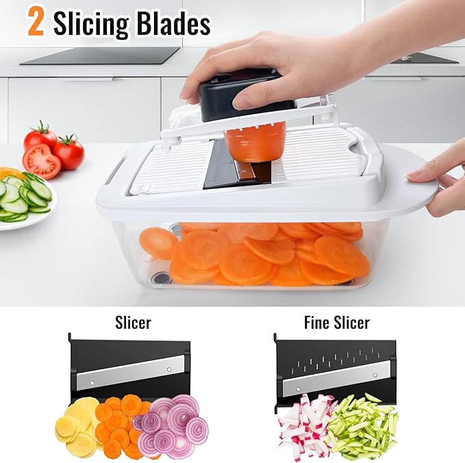 8-Blade All-in-1 Vegetable Chopper & Mandoline Slicer with Container – White