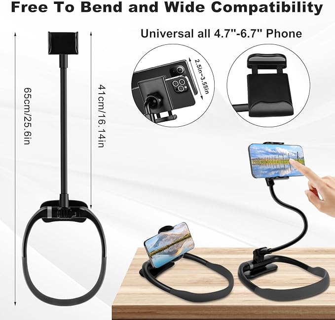 Hands-Free Neck Phone Holder – Flexible Gooseneck Stand for 4.7"-6.7" Smartphones