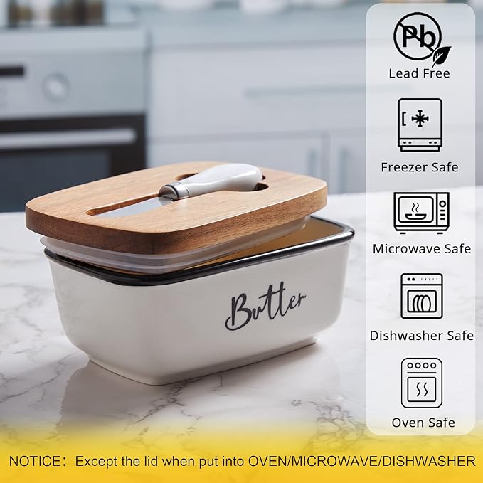 Ceramic Butter Dish with Lid & Knife – Airtight Acacia Wood, White