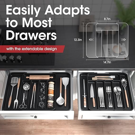 Aujen Expandable Silverware & Utensil Drawer Organizer – Adjustable Cutlery Tray (Black, Medium)