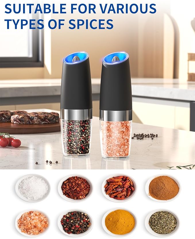 CIRCLE JOY Gravity Electric Salt & Pepper Grinder Set with LED, Adjustable Coarseness, Battery Operated