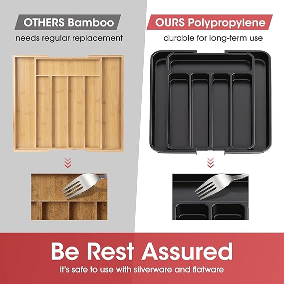 Aujen Expandable Silverware & Utensil Drawer Organizer – Adjustable Cutlery Tray (Black, Medium)