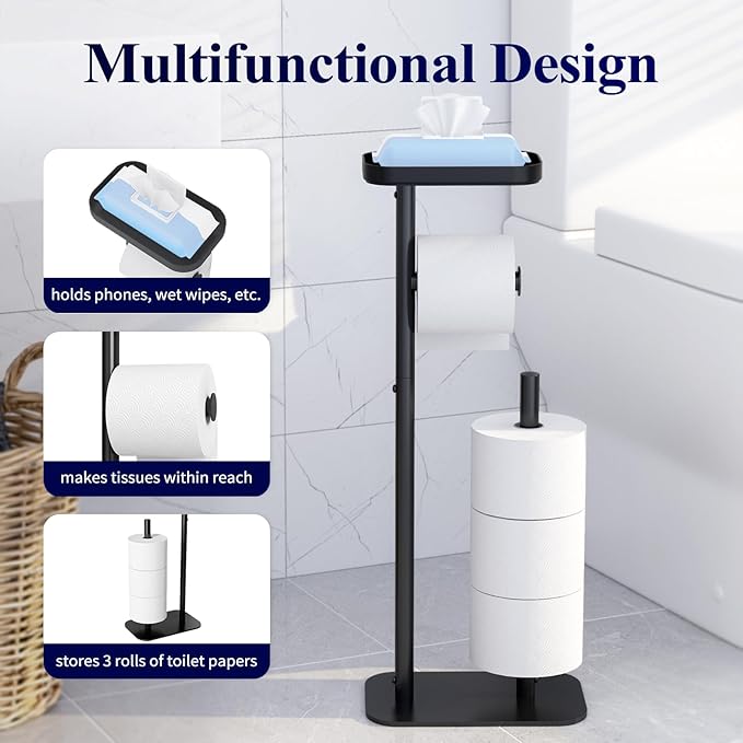 Kitsure Freestanding Toilet Paper Holder Stand – Rustproof Metal, 4-Roll Storage with Phone Shelf & Anti-Slip Base, Black