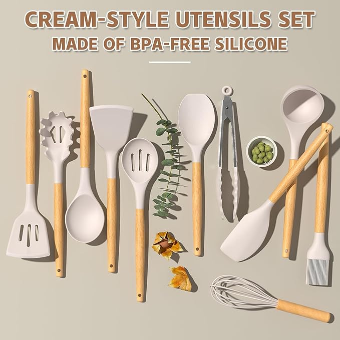 Umite Chef 33‑Pc Non-Stick Silicone Kitchen Utensil Set with Holder – Khaki