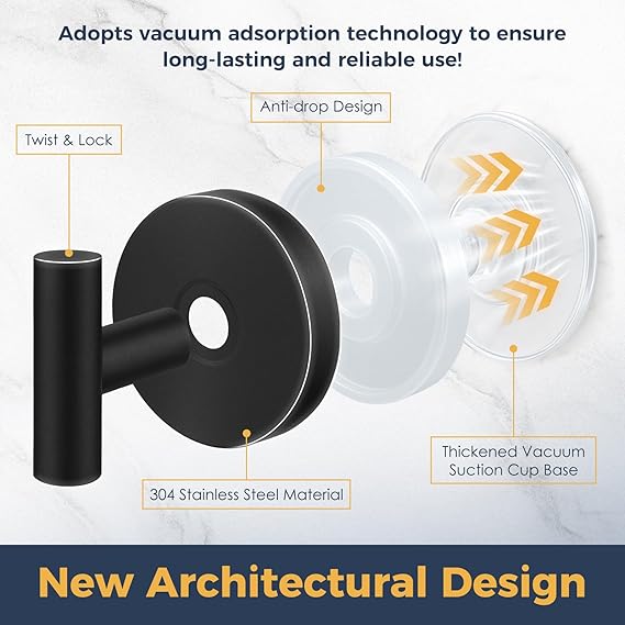 Heavy Duty Suction Cup Shower Hooks – Removable Metal Towel Hooks for Glass, Tile & Mirror, 4-Pack Black