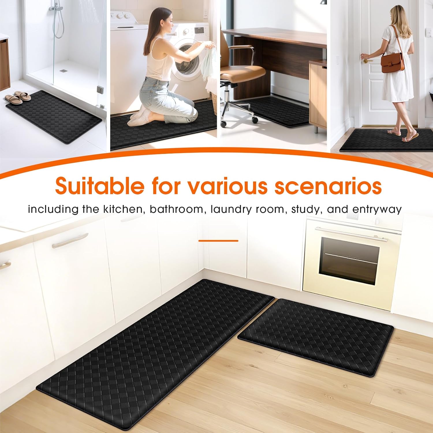 2PCS Cushioned Anti-Fatigue Kitchen Mats – Non-Slip Waterproof Floor Rugs (Black)