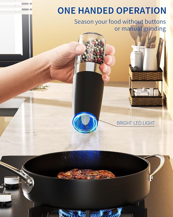 CIRCLE JOY Gravity Electric Salt & Pepper Grinder Set with LED, Adjustable Coarseness, Battery Operated
