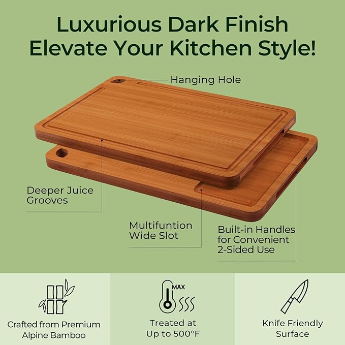 Bamboo Cutting Board with Juice Groove & Handles | Durable Kitchen Chopping & Charcuterie Board
