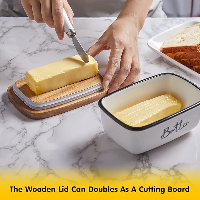 Ceramic Butter Dish with Lid & Knife – Airtight Acacia Wood, White