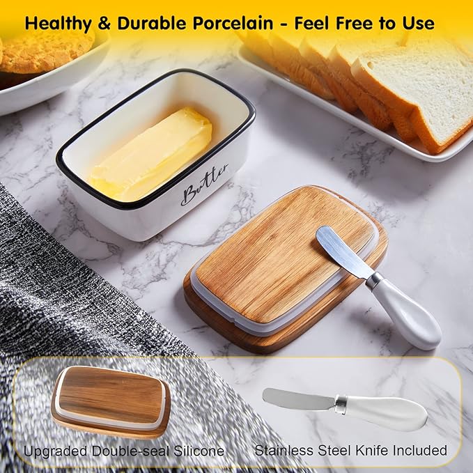 Ceramic Butter Dish with Lid & Knife – Airtight Acacia Wood, White