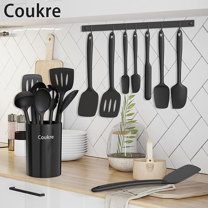 Coukre 14-Pc Silicone Kitchen Utensil Set with Holder – Heat-Resistant, Pure Black