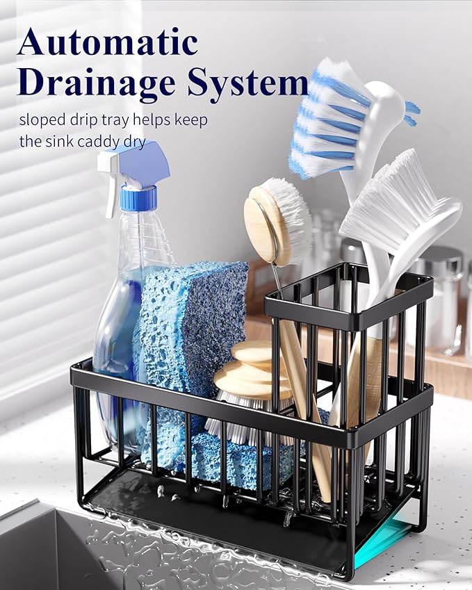 Kitsure Stainless Steel Kitchen Sink Sponge Holder Caddy with Brush Holder, Rustproof Black