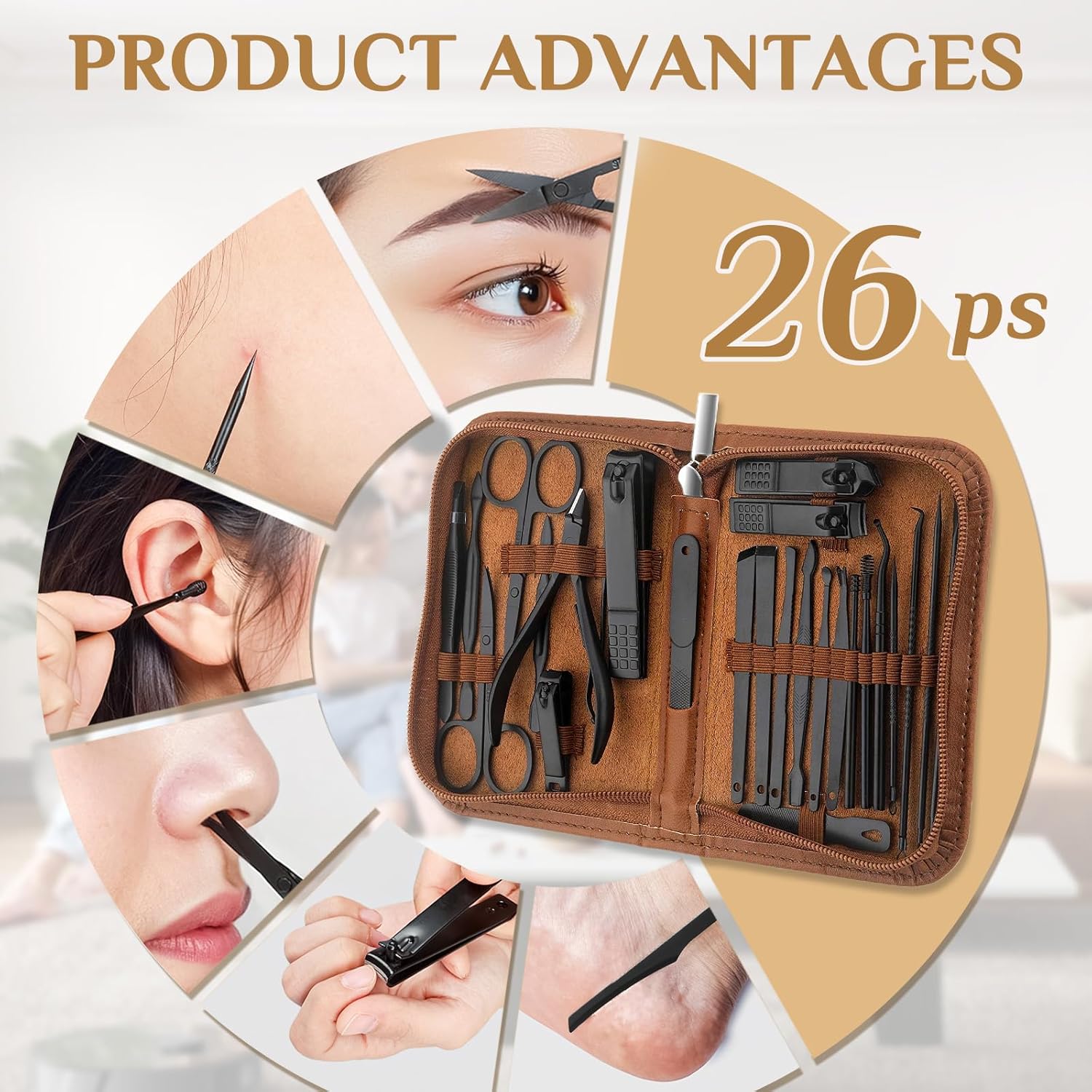 Manicure Set Professional Nail Clipper Kit-26 Pieces Stainless Steel Manicure Kit,Nail Care Tools with Luxurious Travel Case (Brown)