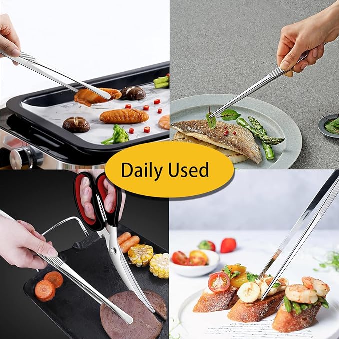 JETKONG 2-Pack 12" Stainless Steel Kitchen Tweezers – Extra-Long Cooking Tongs (Silver)