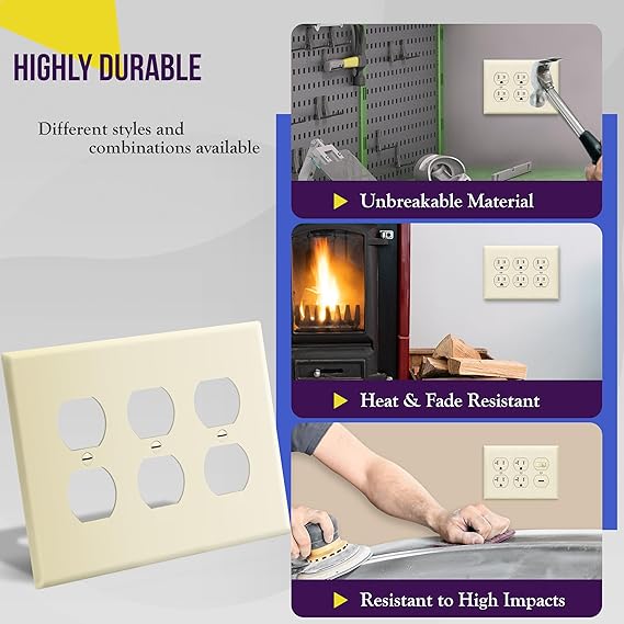 ENERLITES 3-Gang Wall Plate – Gloss Light Almond, Unbreakable Polycarbonate